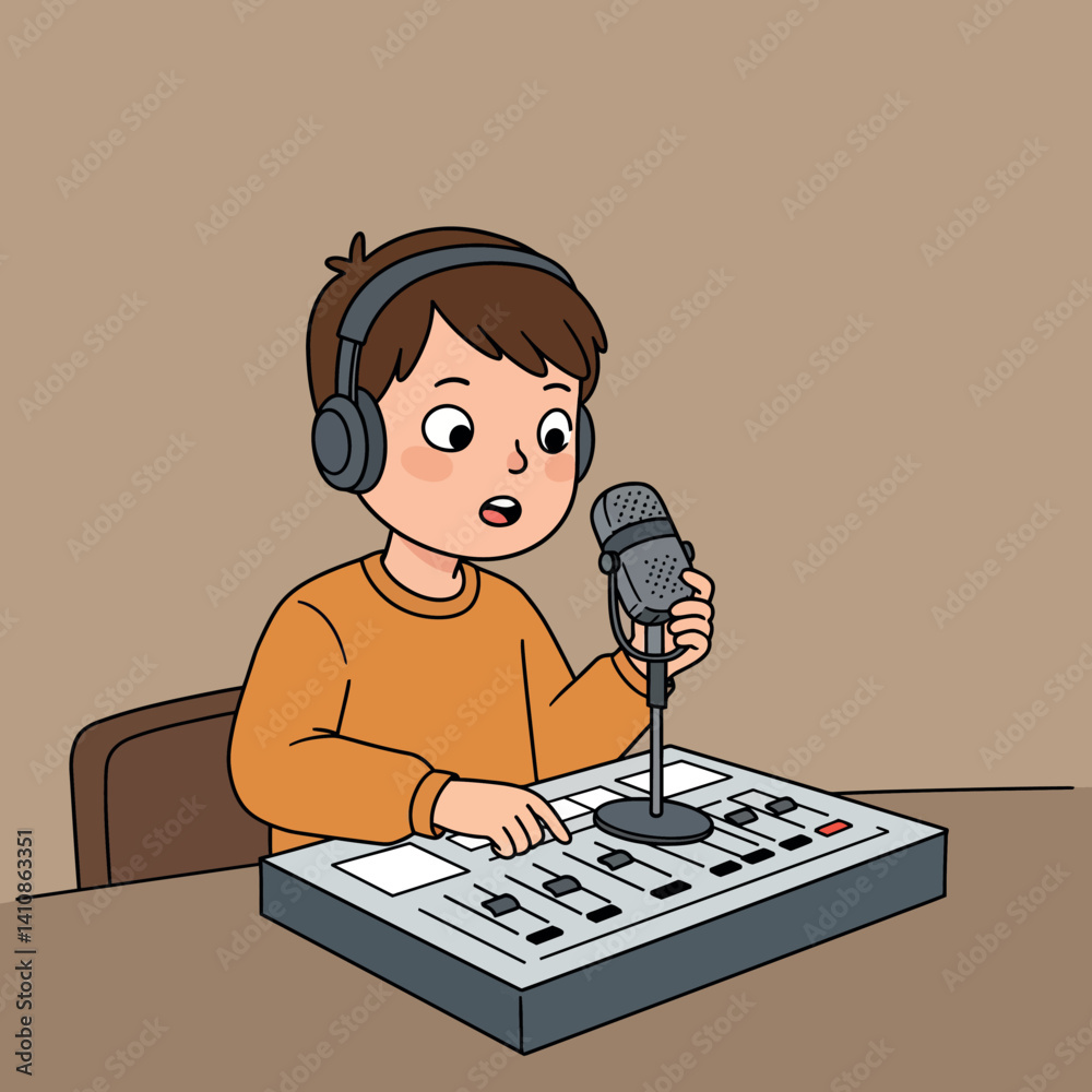 Young boy in orange sweater adjusting audio mixer in flat minimal style podcast studio vector illustration Young boy in orange sweater adjusting audio mixer in flat minimal style podcast studio vector illustration