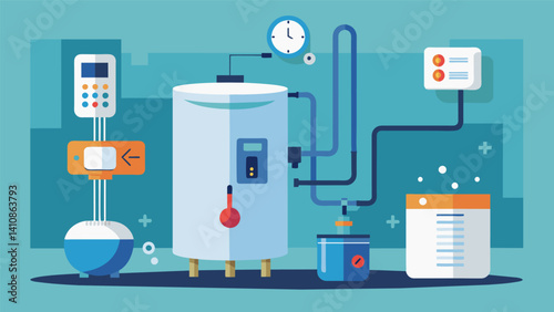 A water heater that adjusts its temperature settings based on the households daily routine decreasing energy consumption during times when hot water is not needed.. Vector illustration