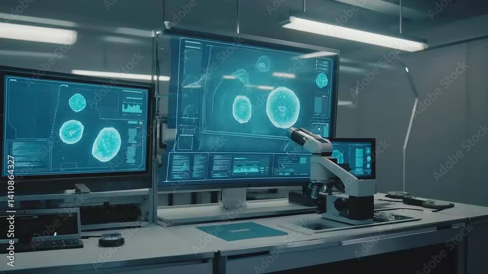 Futuristic laboratory with interactive displays and robotic arm. Futuristic laboratory with interactive displays and robotic arm.