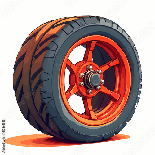 Colorful cartoon tire with orange rim on a white background  