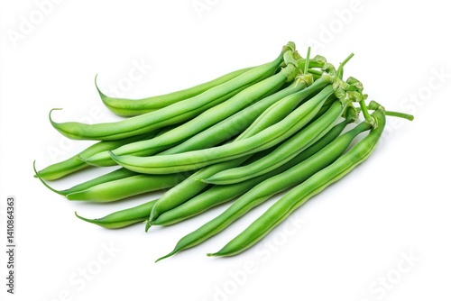 Detailed green beans, with long, slender pods, isolated on a white background for fresh produce photography