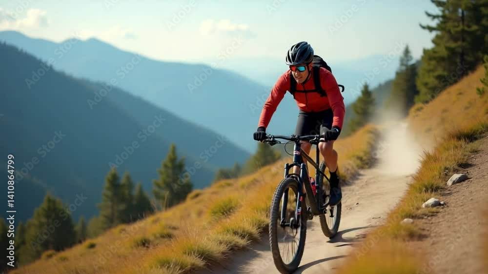 Mountain biker descends sun-drenched alpine trail, kicking up dust. Mountain biker descends sun-drenched alpine trail, kicking up dust.