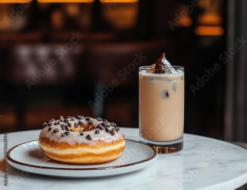 Iced coffee and chocolate chip donut on marble table photo
