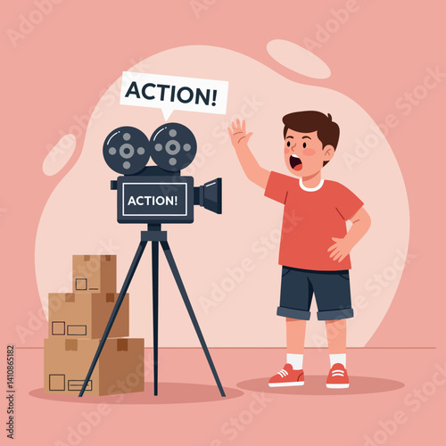 Young boy directing classic film scene with vintage camera in playful flat minimal vector art illustration with energetic and enthusiastic creative storytelling atmosphere