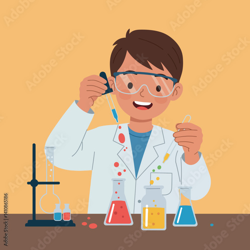 Smiling young boy scientist in lab coat mixing colorful chemicals with glassware in minimal flat vector art illustration