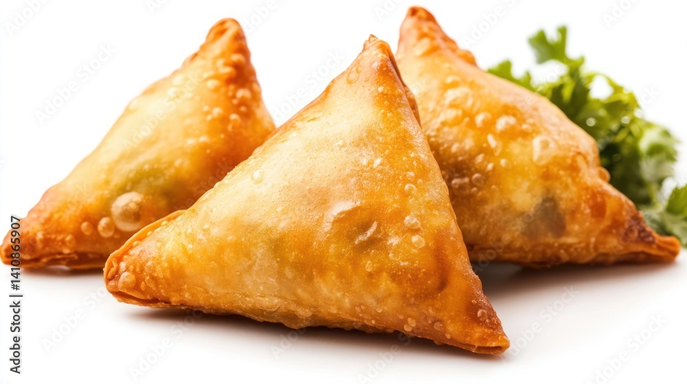 Fried samosa, isolated on a white background, offering a delicious view of this savory snack, ideal for Ramadan food photography