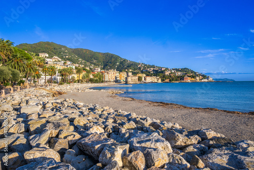 Fototapeta Naklejka Na Ścianę i Meble -  The Town of Rapallo in the Metropolitan City of Genoa, in the Italian region of Liguria, Italy, with Castello di Rapallo