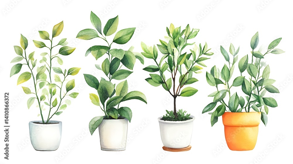 Hand-painted watercolor of house plants such as laurel, ficus, and tangerine tree, isolated on a white background for home decor inspiration.
