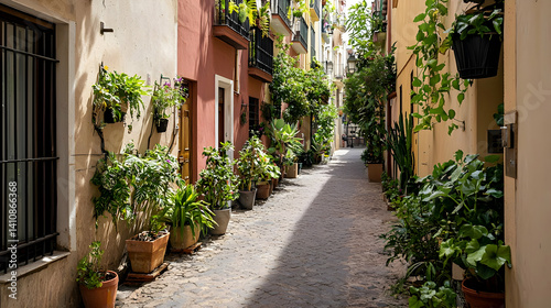 Sunny Narrow Alleyway With Colorful Buildings And Plants