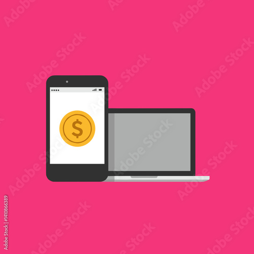 Digital payment icons on smartphone and laptop against pink background  
