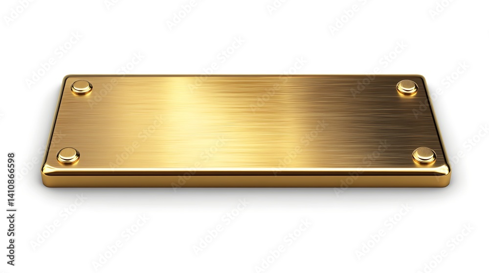 Highly detailed brass nameplate, blank and shiny, isolated on a pure white background, awaiting custom engraving for a personalized touch.