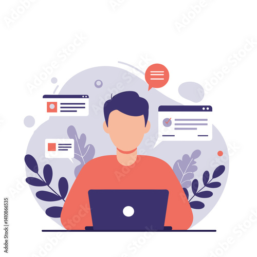 Young man using laptop and engaging with digital content  