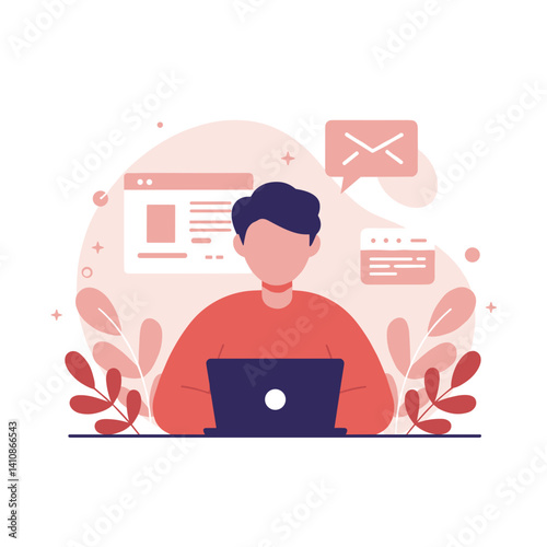 Young man working on a laptop in a minimalist workspace  