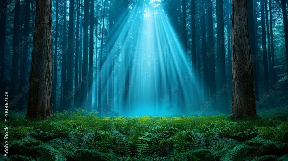 Obraz premium Dreamlike Landscape with Towering Trees and Radiant Beams of Light