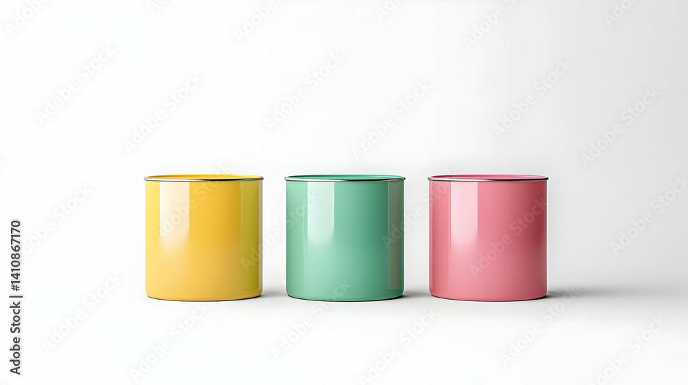 Three Colorful Cylindrical Paint Cans On White Background Three Colorful Cylindrical Paint Cans On White Background
