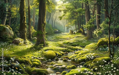 A serene forest glade bathed in soft sunlight, with rays filtering through the trees photo