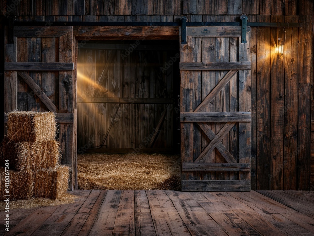 Fototapeta premium Weathered Barn Door Ajar with Sunlight Streaming Inside