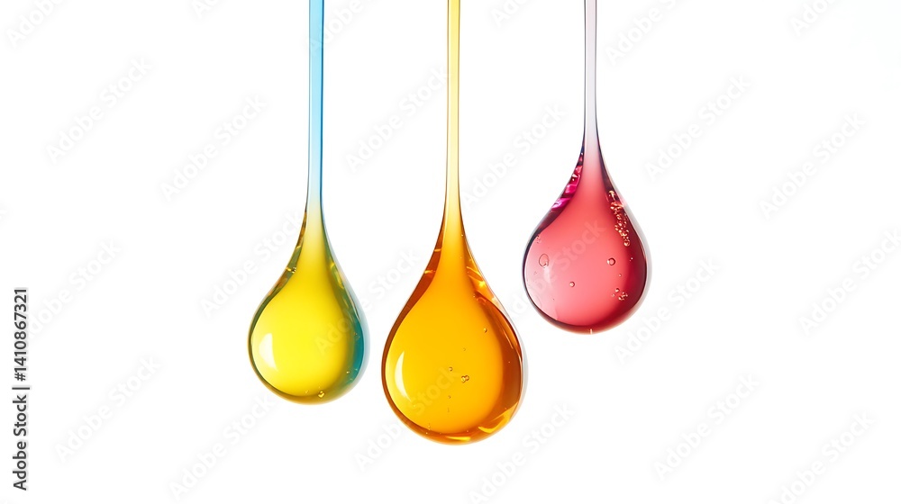 Liquid gelatin drops, suspended in mid-air against a white background, isolated for an artistic and clean product shot.