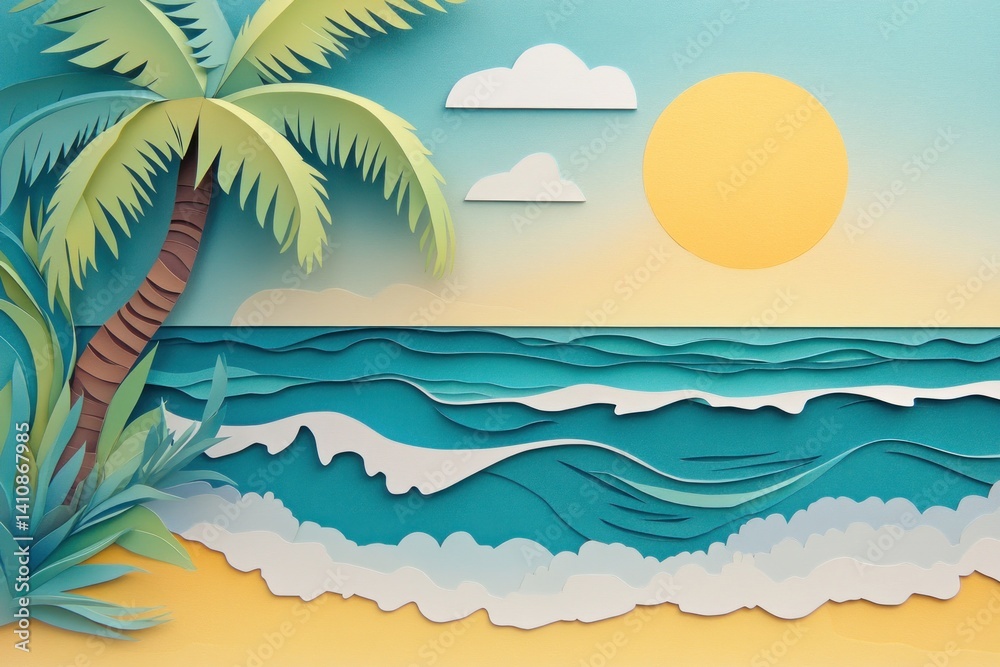 Paper art illustration of a tropical beach, complete with ocean waves, a palm tree, and the bright sun overhead.