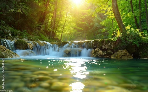 A calm and serene forest glade, with golden sunlight creating a magical atmosphere photo