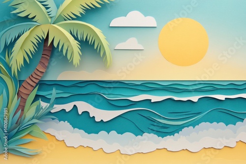 Obraz na płótnie Paper art illustration of a tropical beach, complete with ocean waves, a palm tree, and the bright sun overhead. w salonie