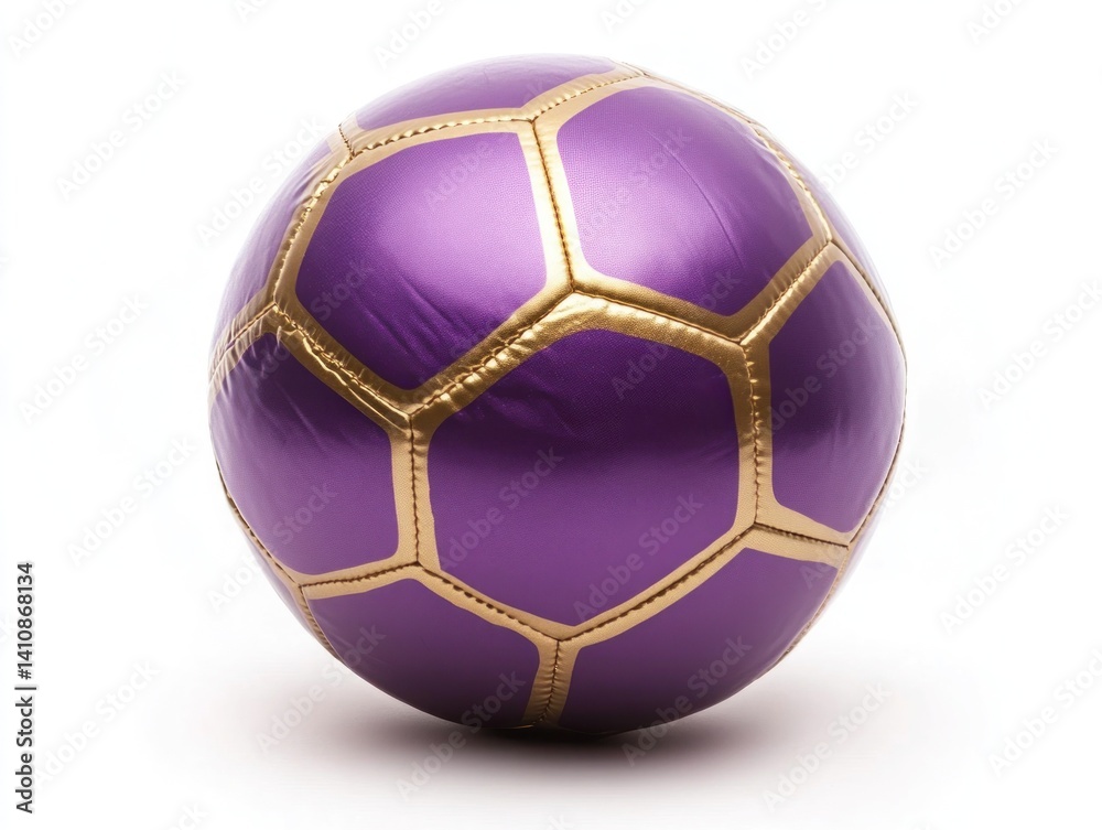 Purple and gold soccer football ball, isolated against a pristine white background