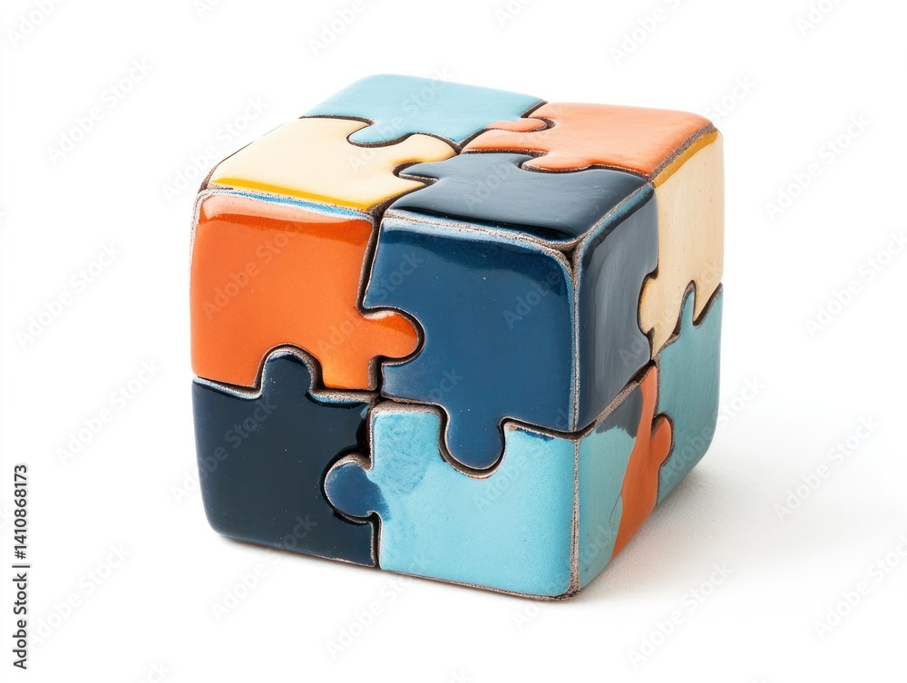 Puzzle cube, with one piece missing, isolated on a white background