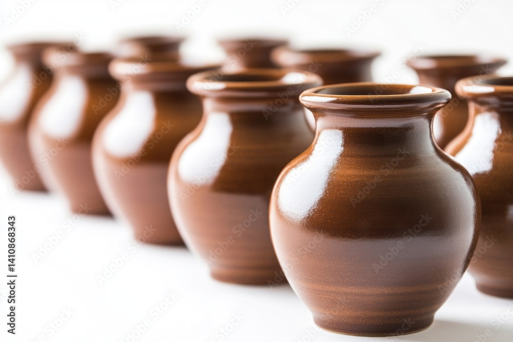 Rows of shiny, traditional clay vases, each unique in its design, isolated on a white background.