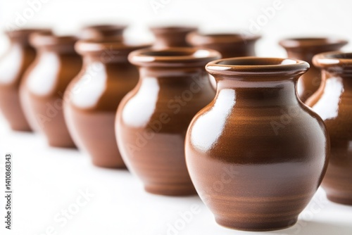 Obraz na płótnie Rows of shiny, traditional clay vases, each unique in its design, isolated on a white background. w salonie