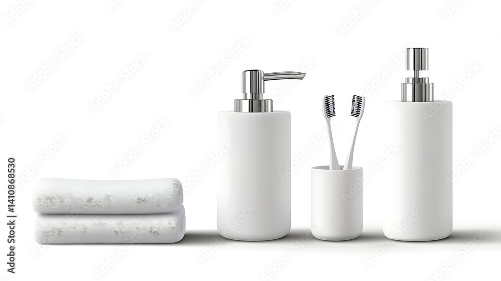 Simple, minimalist icons of a soap dispenser, hand towel, and toothbrush holder, grouped together and isolated on white