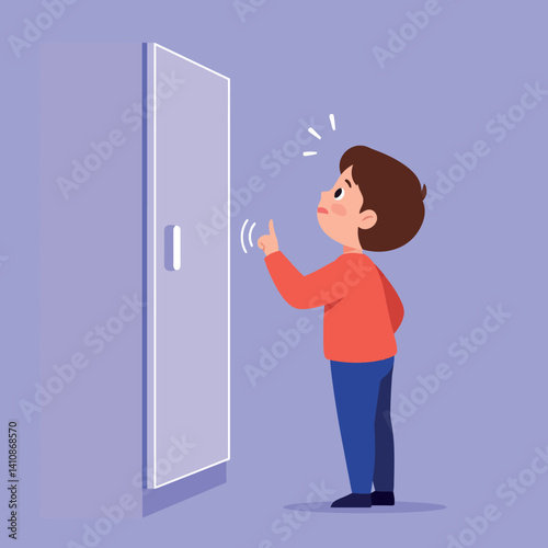 Young boy in red shirt politely knocks on closed door flat minimal vector art with soft colors and gentle indoor scene calm mood
