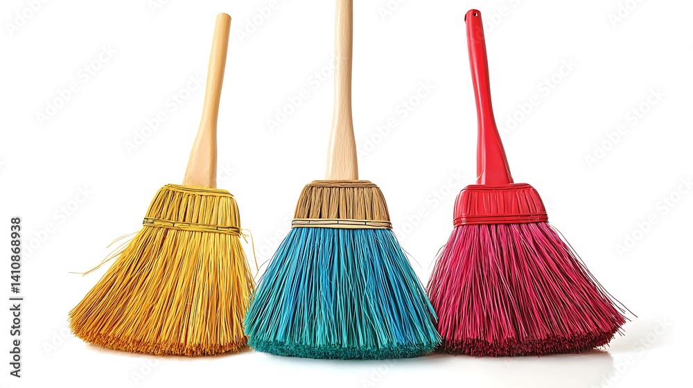Three colorful cleaning brooms, arranged neatly on a white background, isolated to symbolize household cleaning