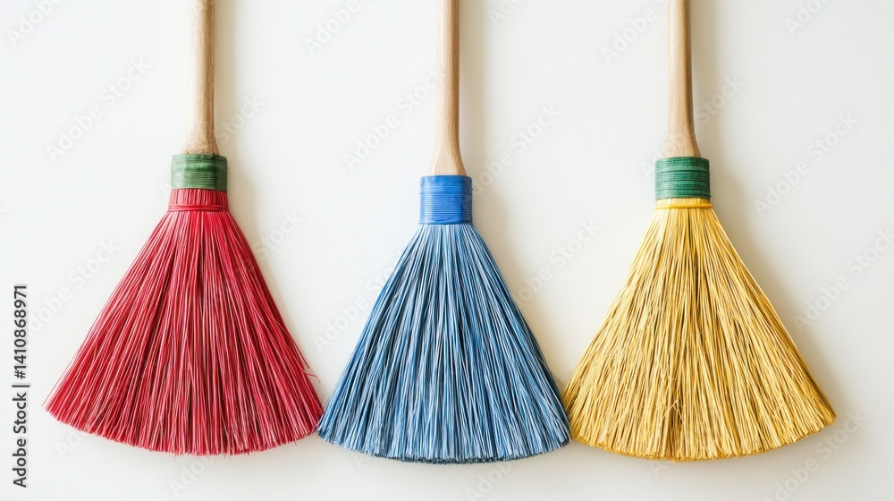Three colorful cleaning brooms, arranged neatly on a white background, isolated to symbolize household cleaning