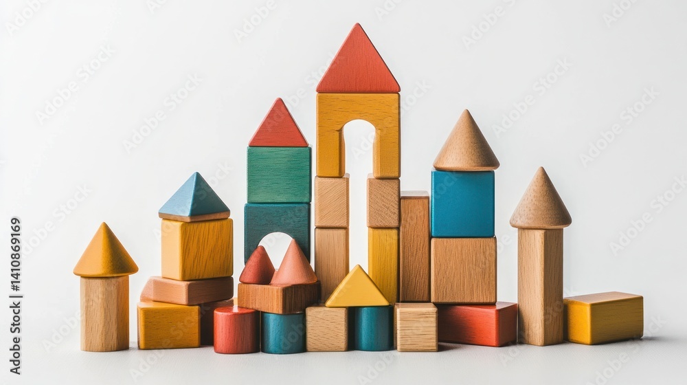 Wooden building blocks, artistically arranged on a white background for creative play
