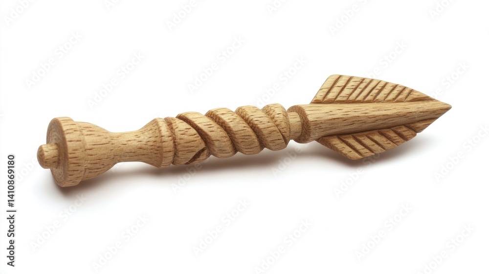 Wooden toy arrow, delicately carved, isolated on a pure white background