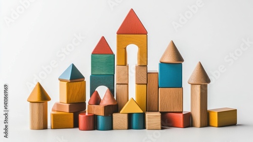 Obraz na płótnie Wooden building blocks, artistically arranged on a white background for creative play w salonie