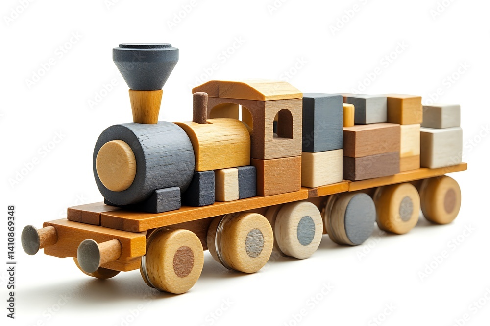 Wooden toy train model constructed from various blocks, isolated on white, created with Generative AI