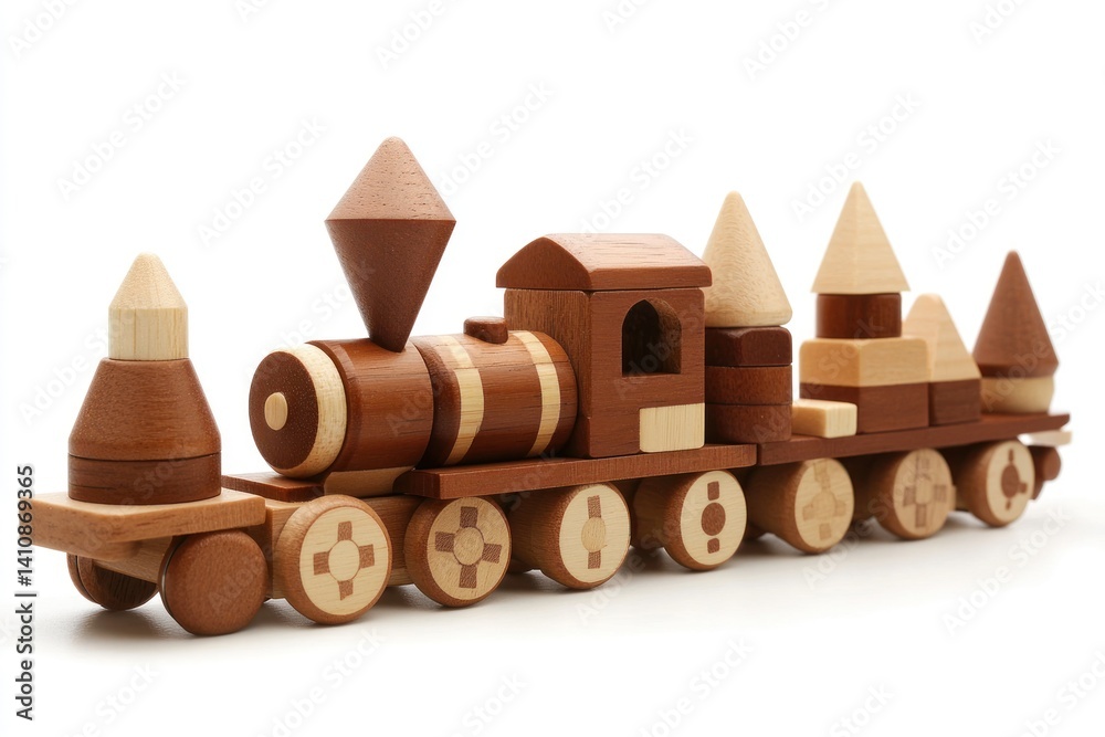 Wooden toy train model made from blocks of many shapes, isolated on a white background