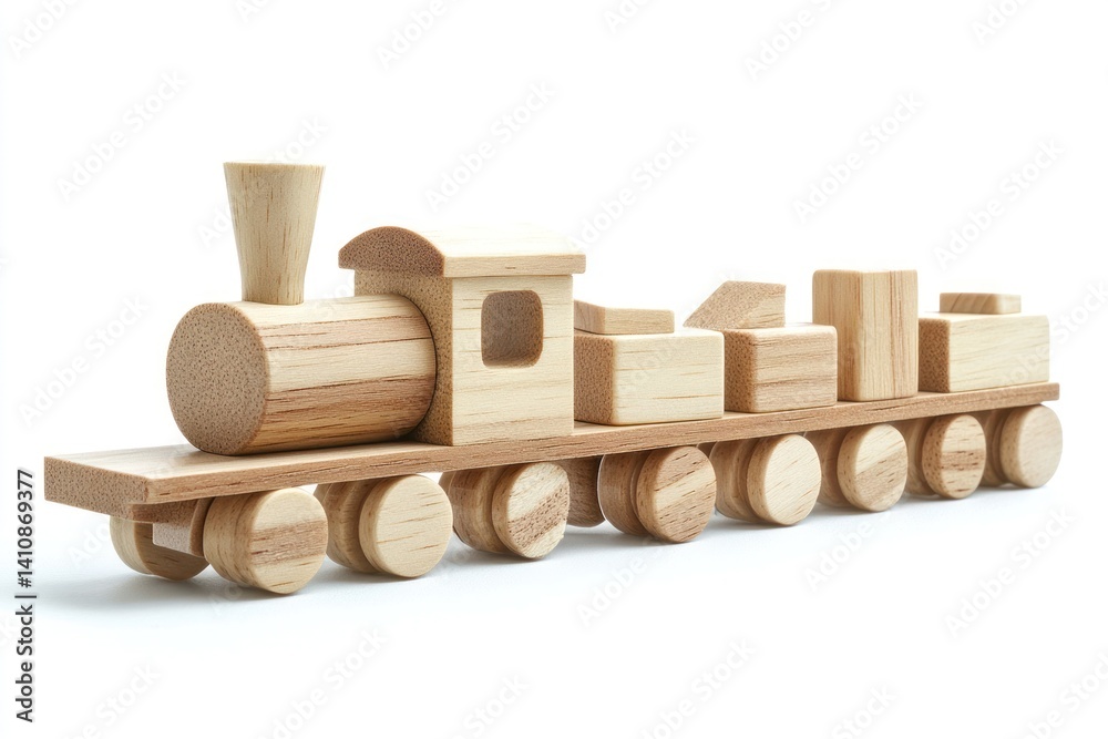 Wooden toy train model made from blocks of many shapes, isolated on a white background