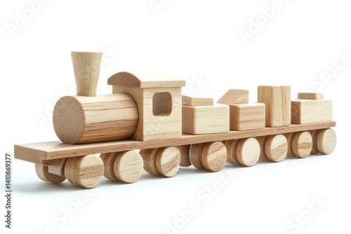 Obraz na płótnie Wooden toy train model made from blocks of many shapes, isolated on a white background w salonie