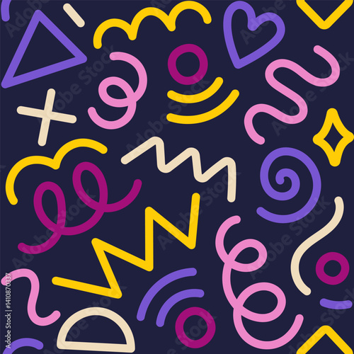Memphis fun geometric seamless pattern. Cool abstract background, retro 80s, 90s style with basic shapes: star, triangle, circle, semicircle, heart, zigzag, spiral, wavy lines. Cute kid doodle design.