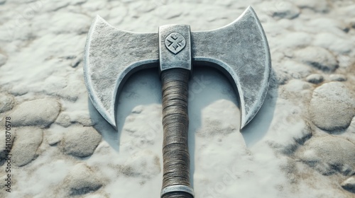 DoubleBladed Axe Resting on Snowy Ground Fantasy Weapon for Medieval and Adventure Themes photo
