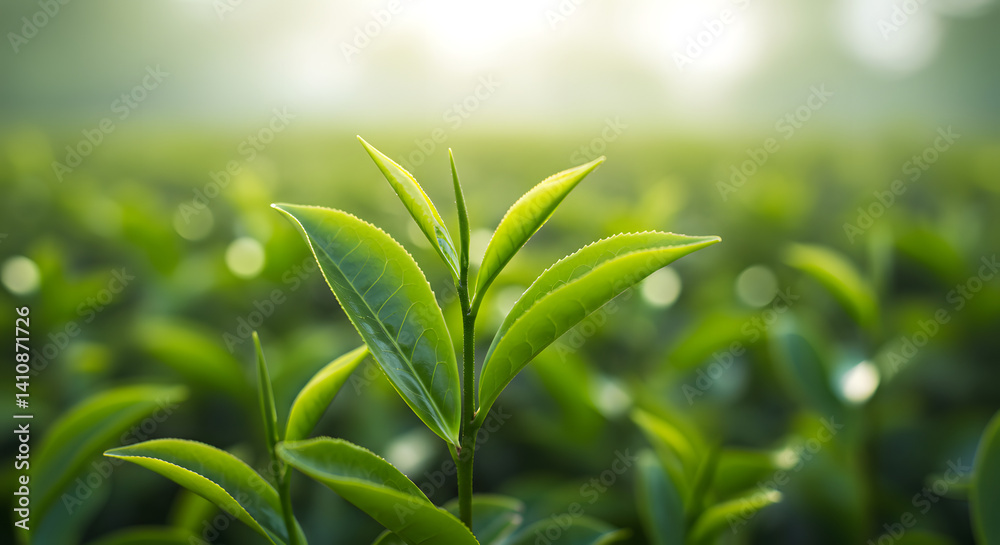 Tea Plant Growing in Field at Sunrise Fresh Green Leaves Close Up Tea Plant Growing in Field at Sunrise Fresh Green Leaves Close Up