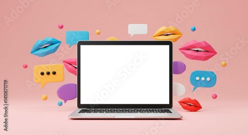 Laptop with blank screen surrounded by colorful speech bubbles and lip shapes on pink background