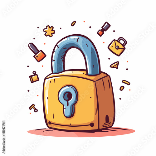 Colorful Cartoon Lock Surrounded by Symbols and Icons  