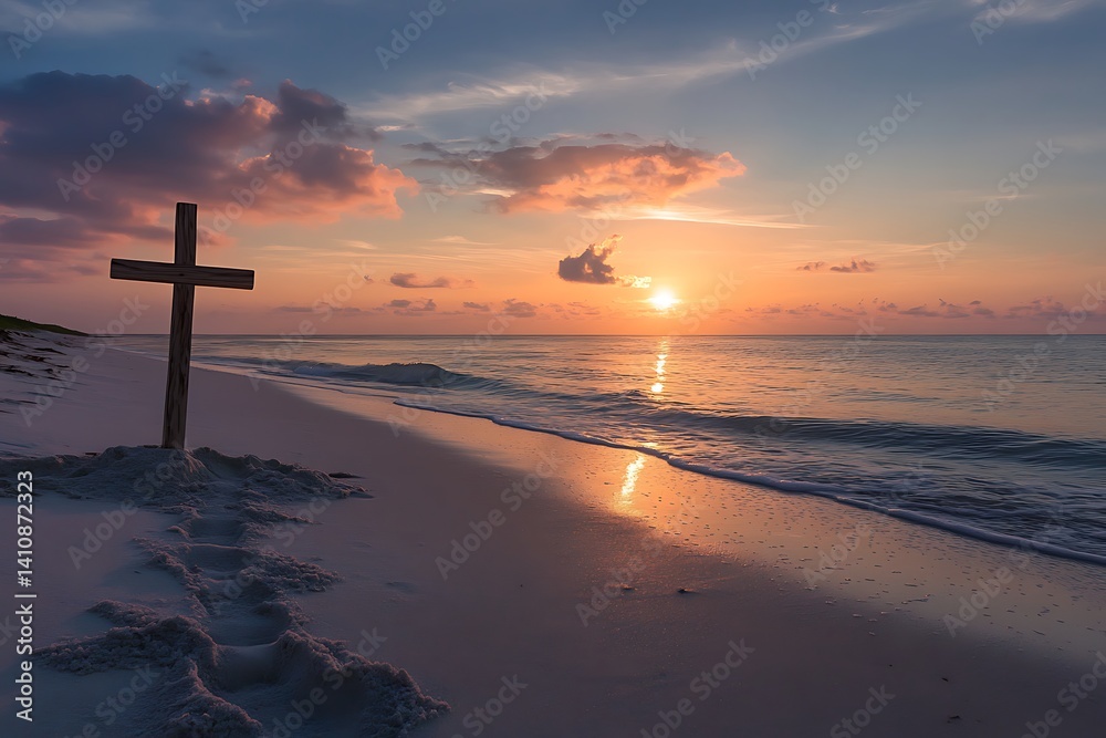 A tranquil beach at dawn, with footprints leading to a cross washed ashore, symbolizing peace and hope