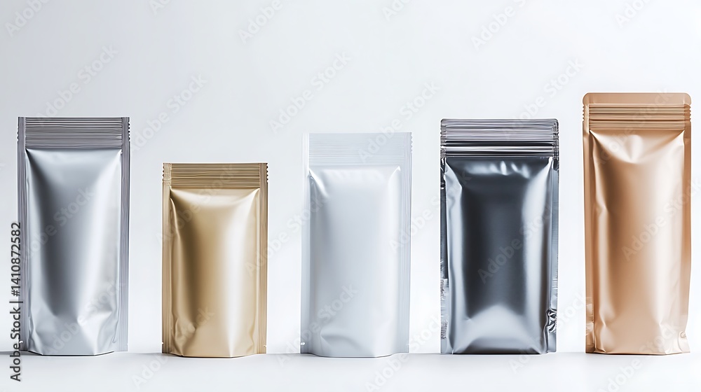 A variety of stand-up pouches displayed at different angles, isolated on a white background, emphasizing their modern, sleek packaging