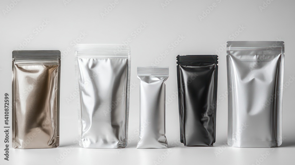 A variety of stand-up pouches displayed at different angles, isolated on a white background, emphasizing their modern, sleek packaging