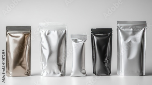 Obraz na płótnie A variety of stand-up pouches displayed at different angles, isolated on a white background, emphasizing their modern, sleek packaging w salonie