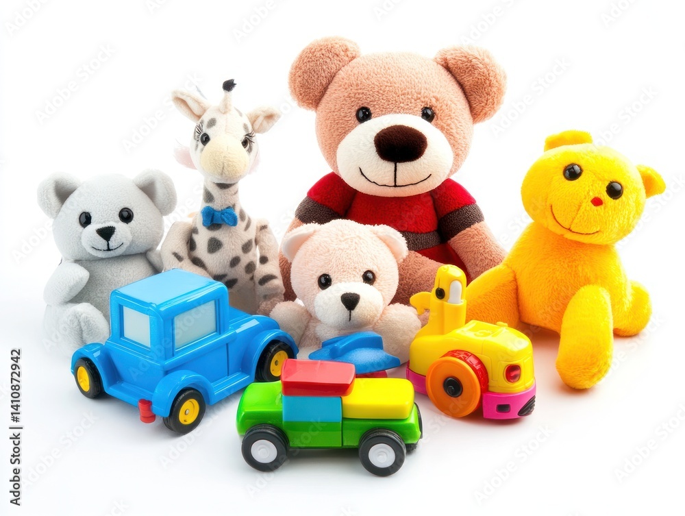 A variety of kids' toys, including plush animals and cars, isolated on a white background